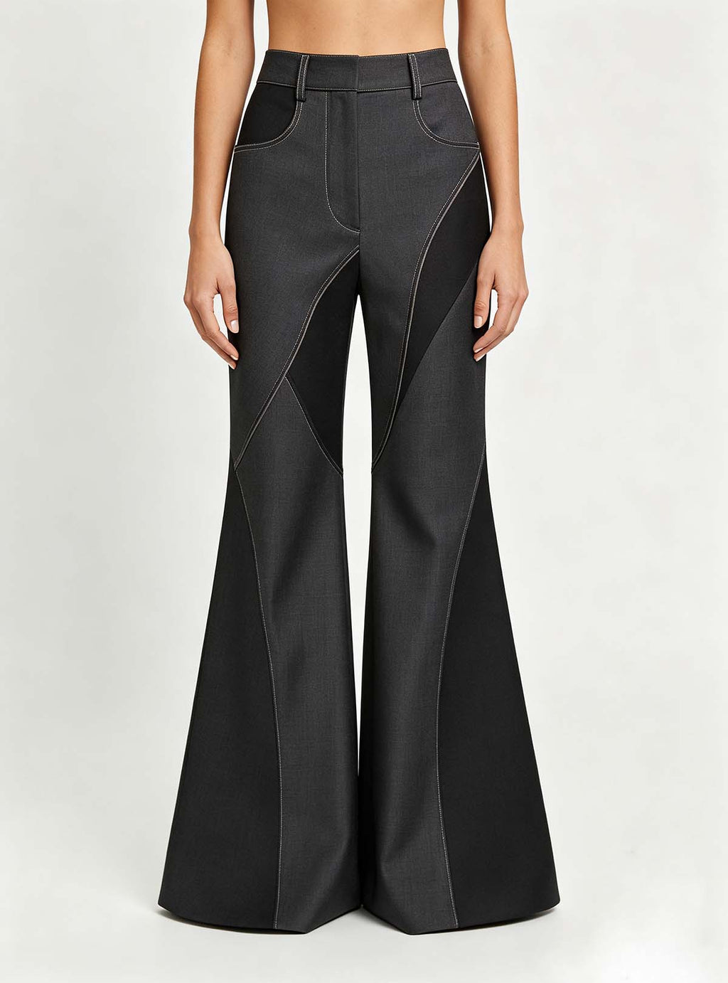 Custom OEM women high‑waist color‑block spliced large flared bell‑bottom pants, front full‑body studio shot