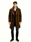 Haideyu custom men brown wool long overcoat, burgundy v‑neck sweater with shirt inner layering, premium winter outerwear, white studio full‑body product shot