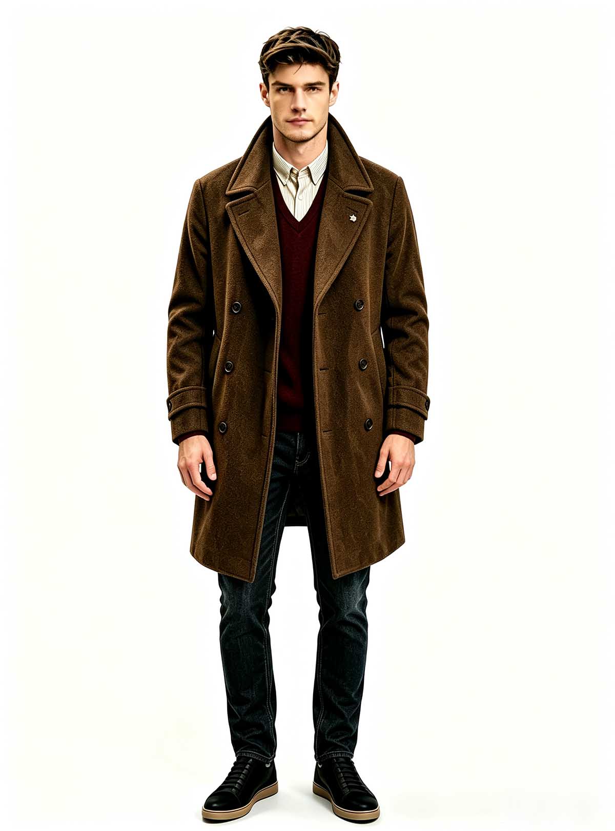 Haideyu custom men brown wool long overcoat, burgundy v‑neck sweater with shirt inner layering, premium winter outerwear, white studio full‑body product shot