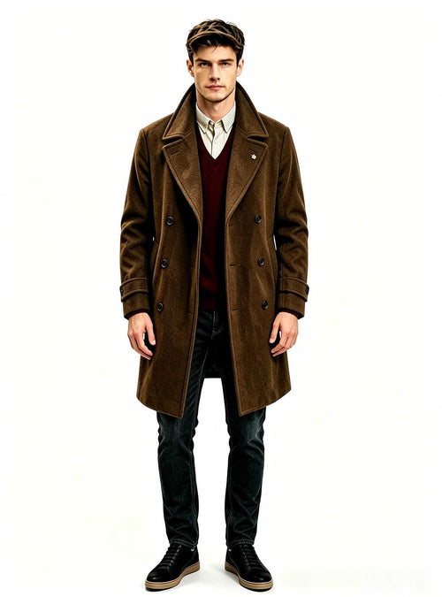 Haideyu custom men brown wool long overcoat, burgundy v‑neck sweater with shirt inner layering, premium winter outerwear, white studio full‑body product shot