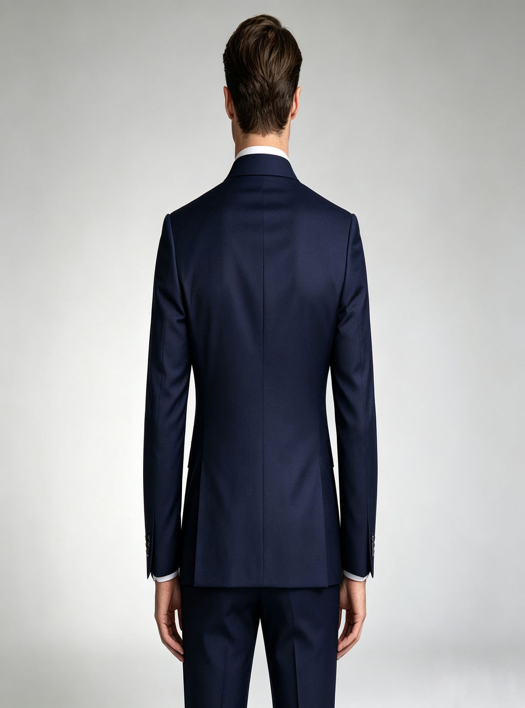 Back view of Haideyu custom navy blue mandarin collar men suit, full‑length studio photograph