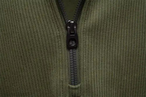 Close‑up view of metal quarter zip stand collar on Haideyu ribbed blank men sweatshirt for custom logo printing