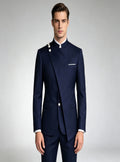 Haideyu custom navy blue asymmetric mandarin collar men formal suit two piece set studio full‑body shot