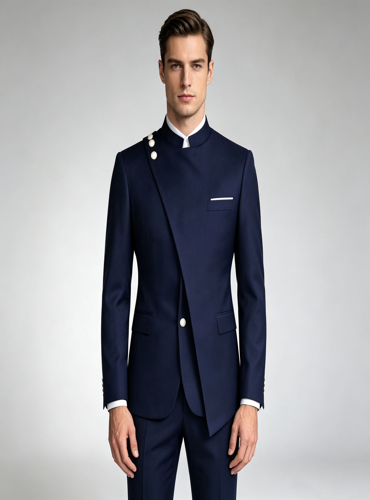 Haideyu custom navy blue asymmetric mandarin collar men formal suit two piece set studio full‑body shot