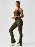 Haideyu casual olive‑toned seamless active‑wear set, shaping high‑rise split flare leggings, soft breathable material, women gym suit OEM ODM customization