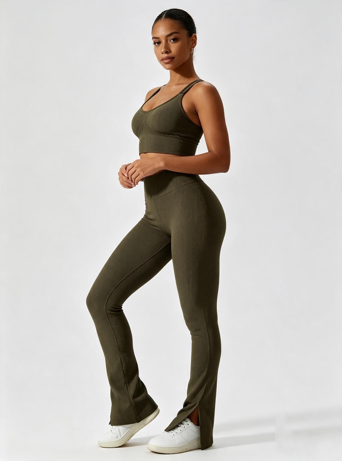 Haideyu casual olive‑toned seamless active‑wear set, shaping high‑rise split flare leggings, soft breathable material, women gym suit OEM ODM customization