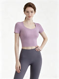 Haideyu Front Standing Pose Dusty Purple U‑Neck Short‑Sleeve Crop Top Yoga Suit, Custom OEM ODM High Waist Dark Grey Leggings, Stretchy Women Gym Pilates Training Activewear