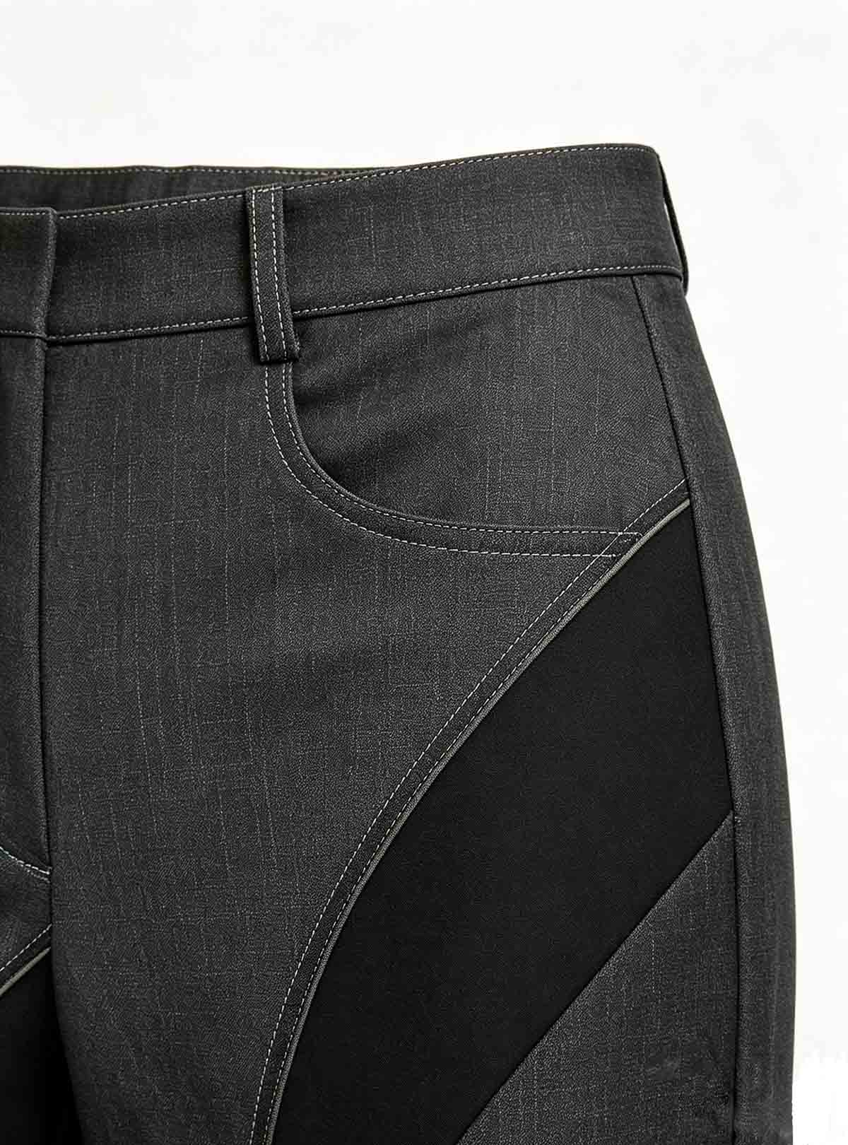 Dark grey color‑block high waist wide flared trousers fabric stitching close‑up detail, custom women clothing OEM ODM service