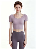Haideyu Front View Lavender Cut‑Out Short Sleeve Yoga Outfit, Custom OEM ODM High Waist Leggings Sports Top, Premium Stretchy Women Gym Pilates Active‑Wear