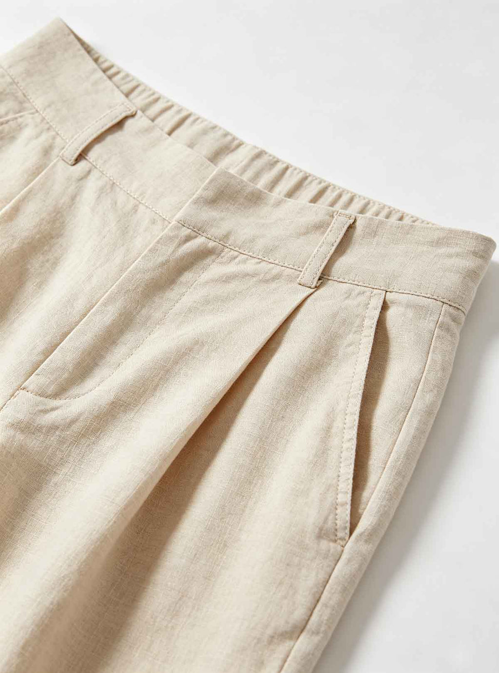 Fabric close‑up texture of Haideyu OEM women linen‑cotton wide‑leg trousers, breathable natural material