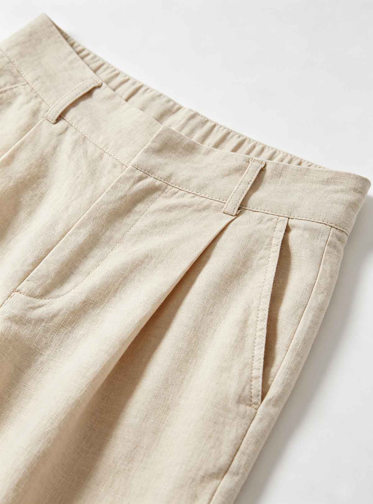 Fabric close‑up texture of Haideyu OEM women linen‑cotton wide‑leg trousers, breathable natural material