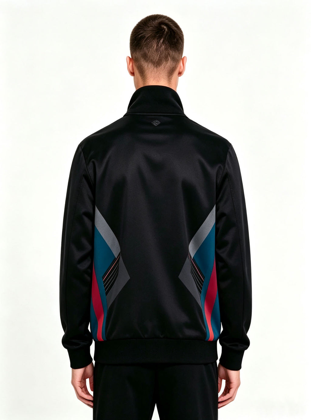 Back view product photo for Haideyu men black stand‑neck sports jacket, neat rear cut and ribbed hem, personalized print OEM service available