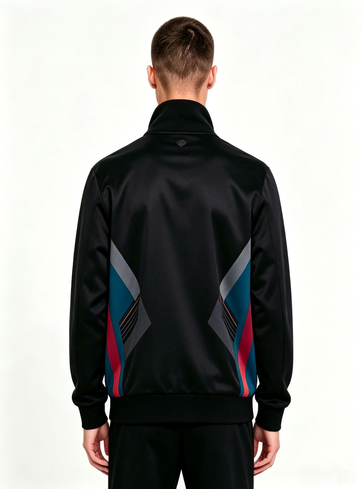 Back view product photo for Haideyu men black stand‑neck sports jacket, neat rear cut and ribbed hem, personalized print OEM service available