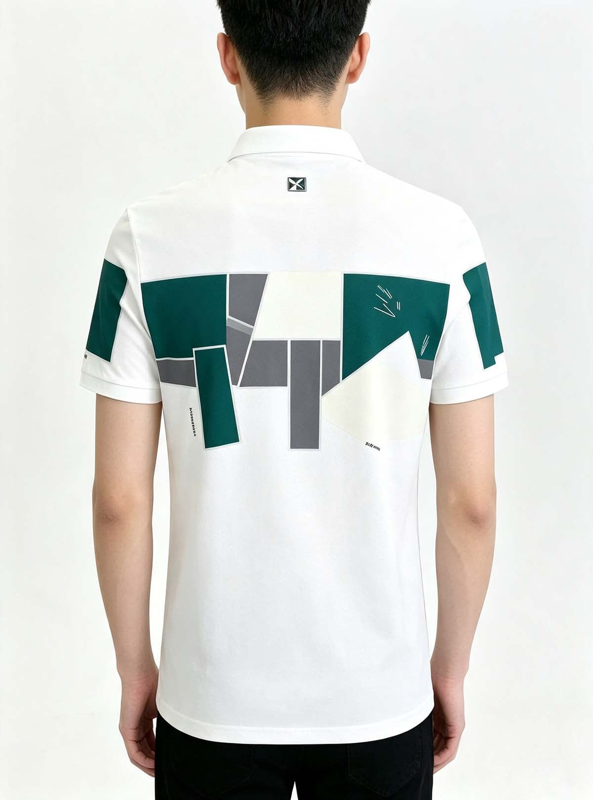 Back‑side studio picture of Haideyu men white short sleeve polo top, tiny original brand badge on neckline, bespoke OEM menswear