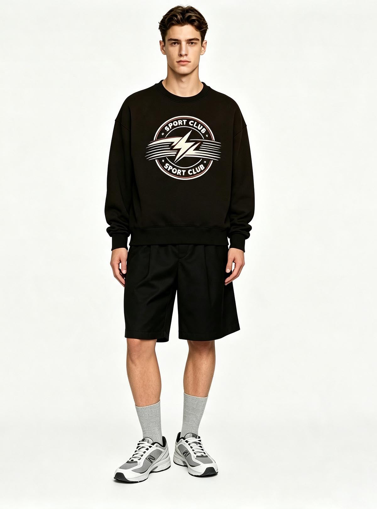 Haideyu men black crewneck sweatshirt and shorts matching set, custom vintage graphic print outfit, handsome male model studio shot solid white background