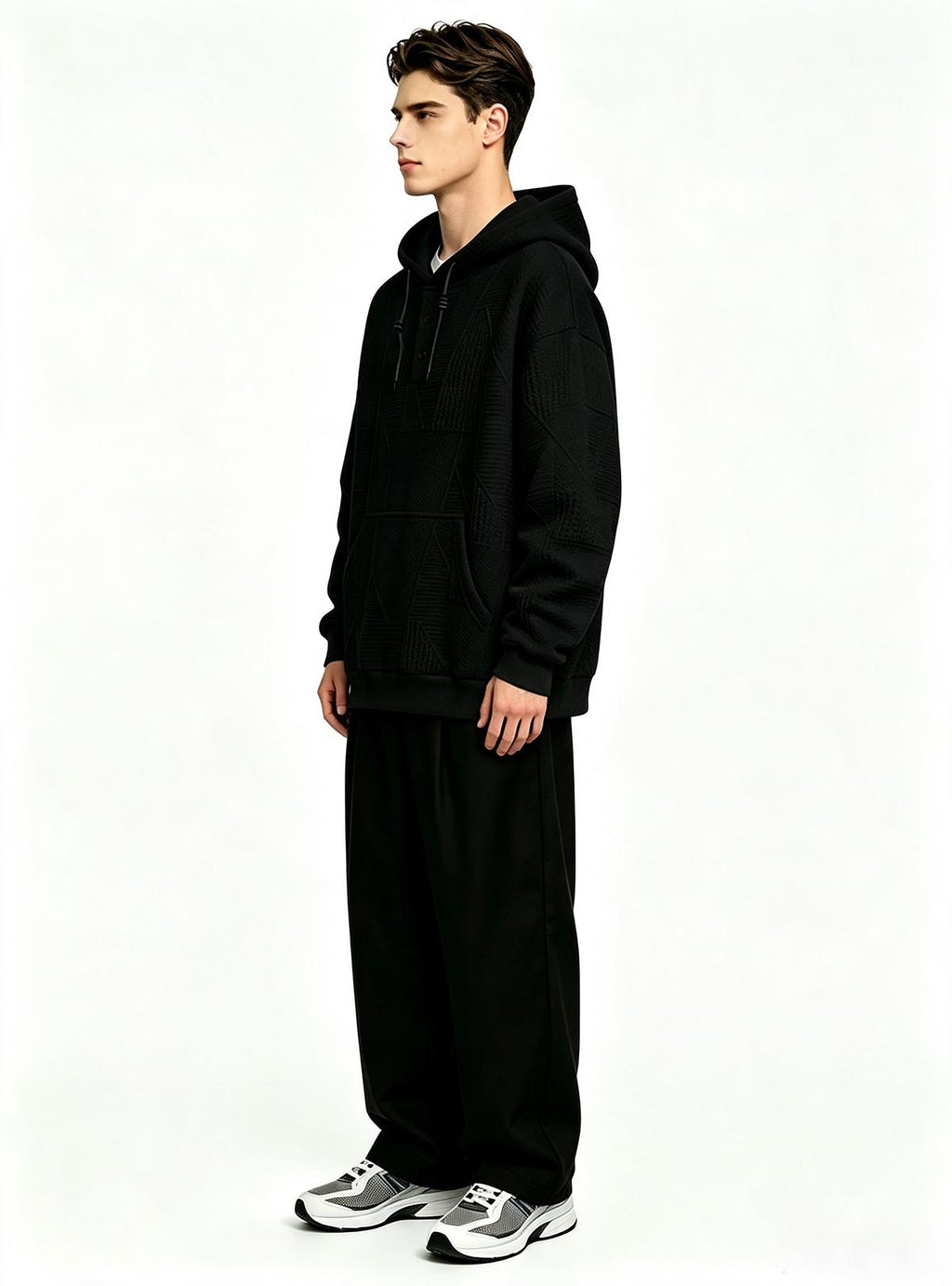 Haideyu men black geometric textured hooded sweatshirt, henley button pullover, male‑model side view studio picture white background