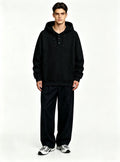 Haideyu men black textured jacquard henley hoodie, casual pullover hooded sweatshirt, male model front‑view studio photo on pure white background