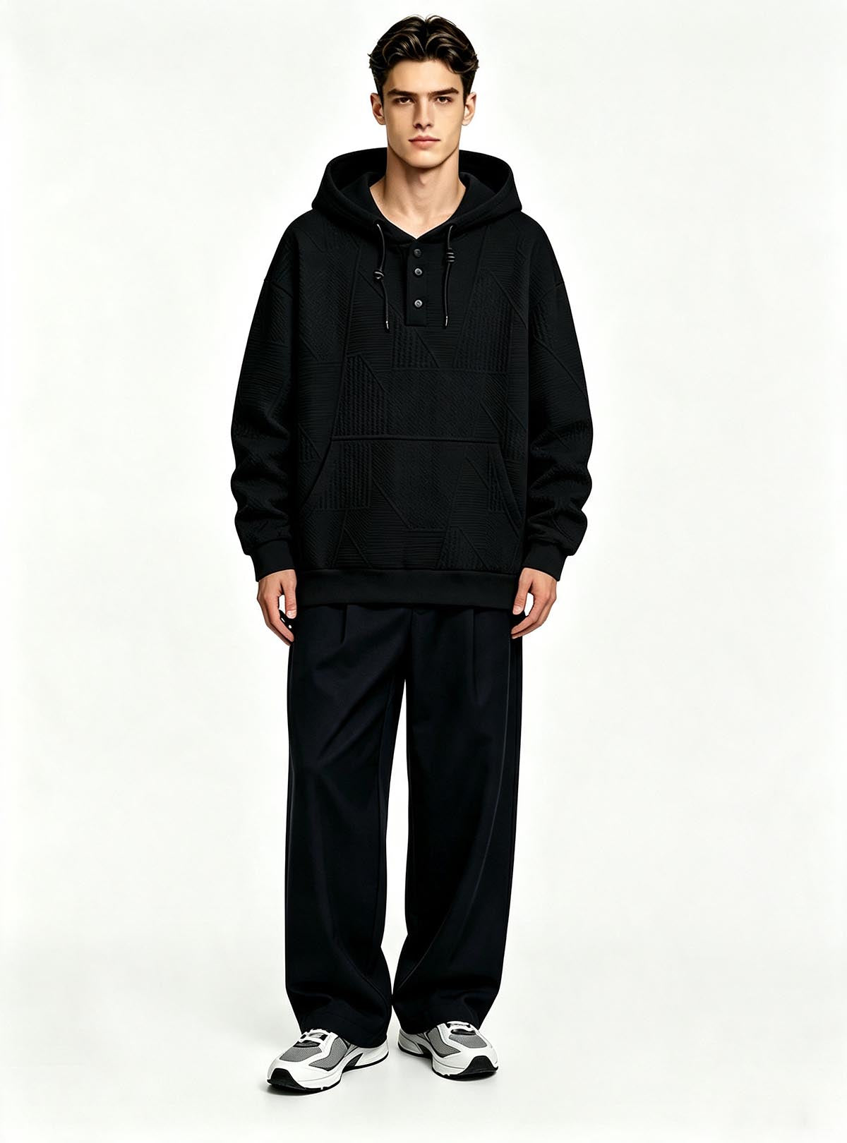 Haideyu men black textured jacquard henley hoodie, casual pullover hooded sweatshirt, male model front‑view studio photo on pure white background