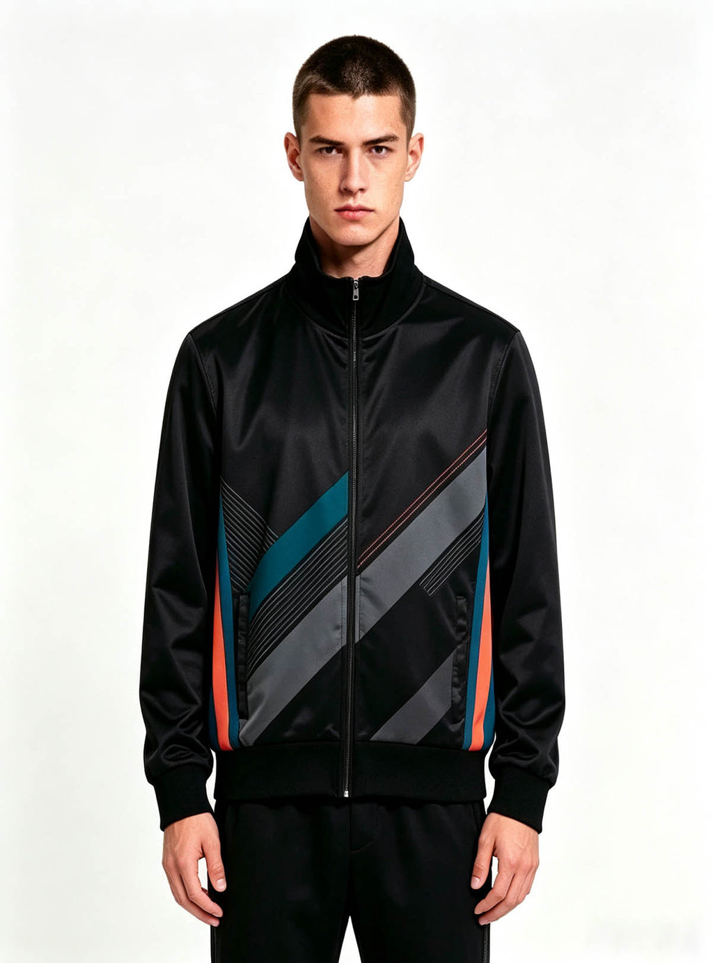 Haideyu custom men stand‑collar zip‑up black sports jacket with exclusive original side decorative strip, clean white‑studio front‑view wearing shot, OEM bespoke outerwear