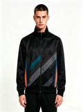 Haideyu custom men stand‑collar zip‑up black sports jacket with exclusive original side decorative strip, clean white‑studio front‑view wearing shot, OEM bespoke outerwear