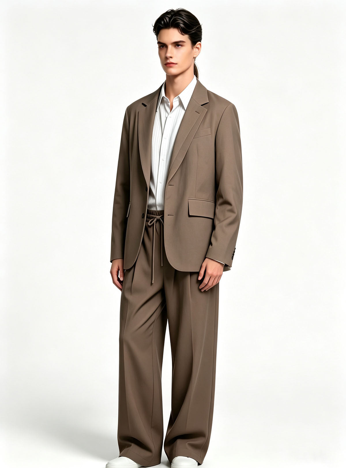 Haideyu custom men brown casual blazer and trousers set, high‑quality OEM formal clothing, side view