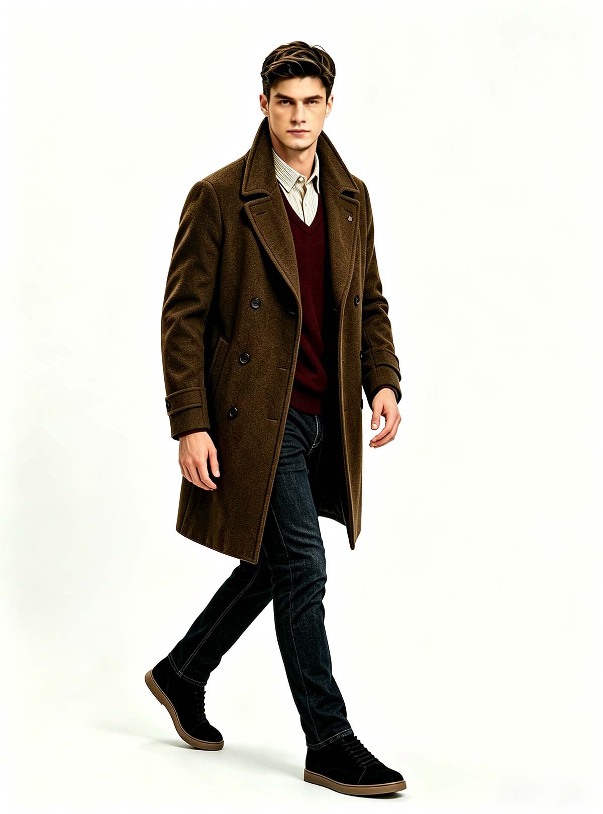 Haideyu men brown wool overcoat walking pose, high‑quality custom‑made men winter fashion outfit, ecommerce studio product picture
