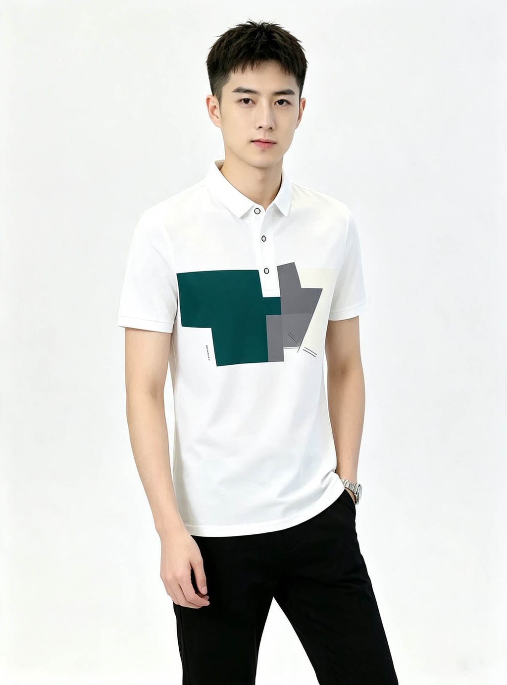 Relaxed standing pose product photo, Haideyu breathable white men polo shirt with handmade‑style abstract graphic, ODM custom‑print garment