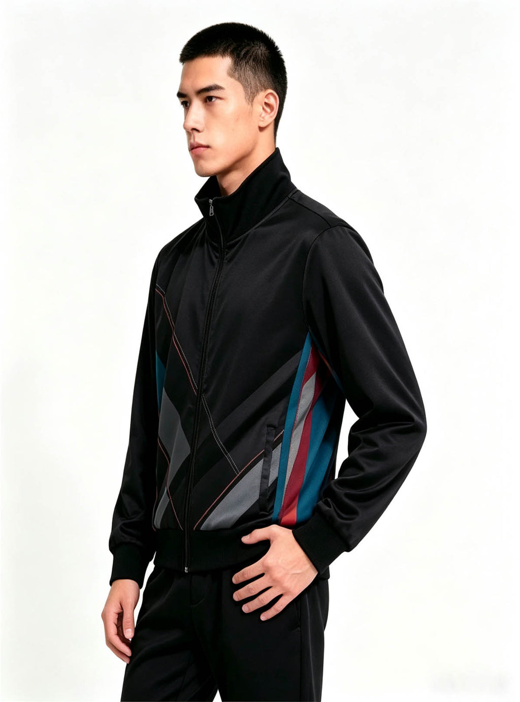Relaxed standing pose shot, Haideyu lightweight everyday‑wear black zip‑up track jacket with copyright‑free side decoration, custom‑made men apparel