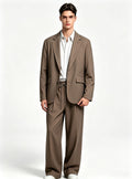 Haideyu men fitted brown casual suit set with striped shirt, custom OEM tailored business apparel, front view