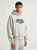 Haideyu men oversized heather grey pullover hoodie, snake graphic print streetwear hooded sweatshirt on white background