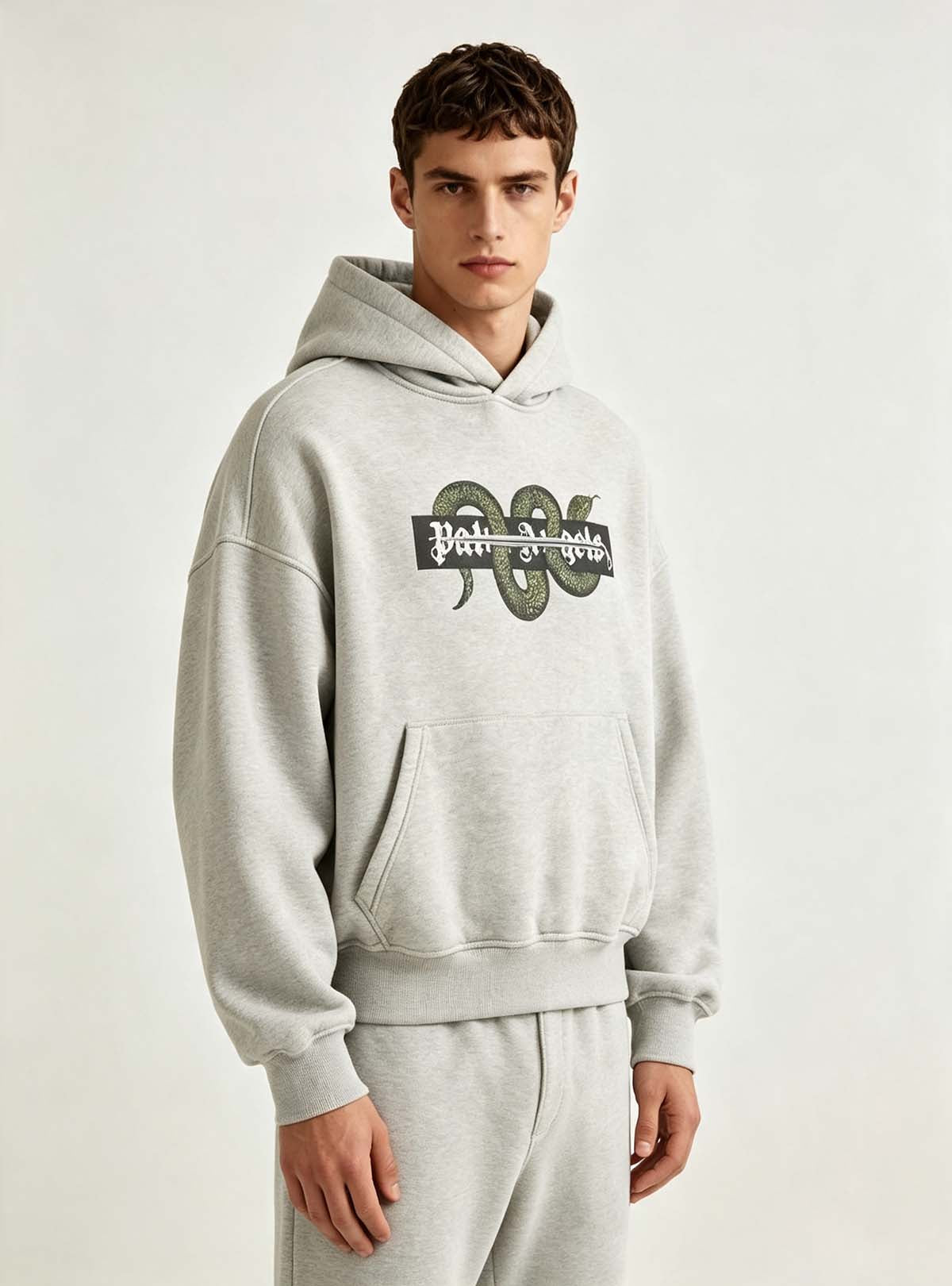 Haideyu men oversized heather grey pullover hoodie, snake graphic print streetwear hooded sweatshirt on white background