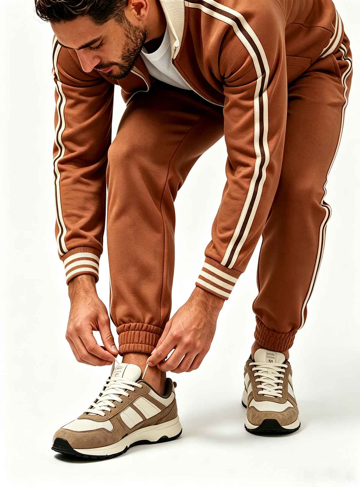 Haideyu custom men jogger tracksuit ankle cuff close‑up, side stripe detail, custom men sport suit