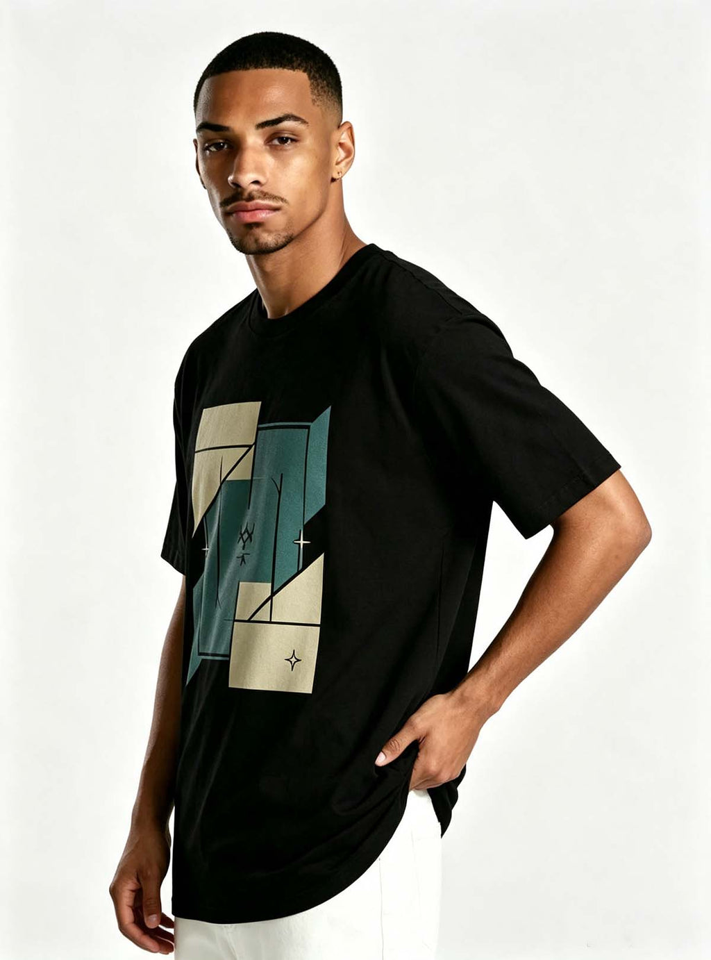 Haideyu casual oversized black short‑sleeve t‑shirt with original abstract geometric graphic, men everyday streetwear side view shot, custom OEM clothing