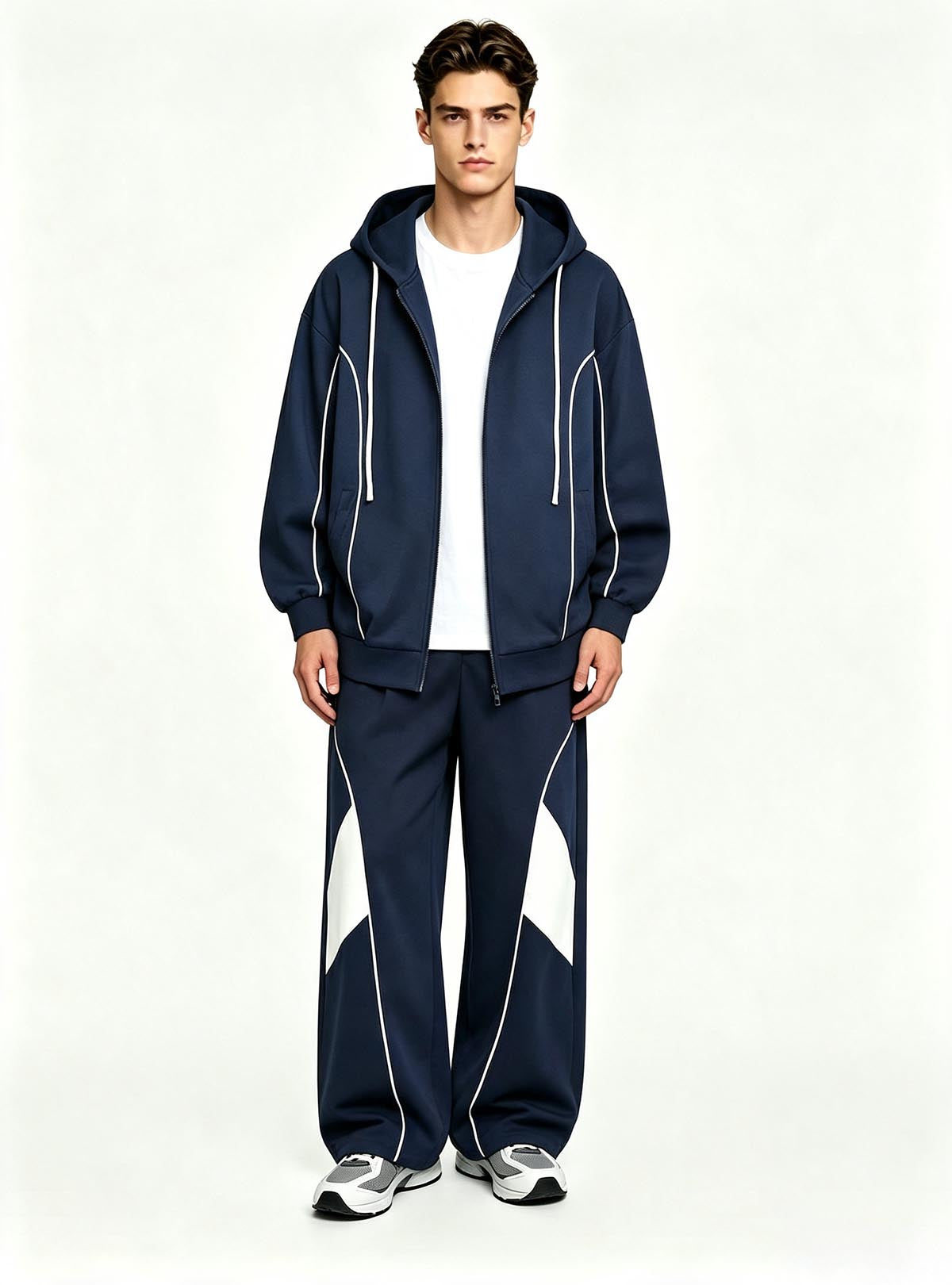 Haideyu men navy blue zip‑up hoodie tracksuit with white stripe detail, casual two‑piece sport set, male model front view on solid white background