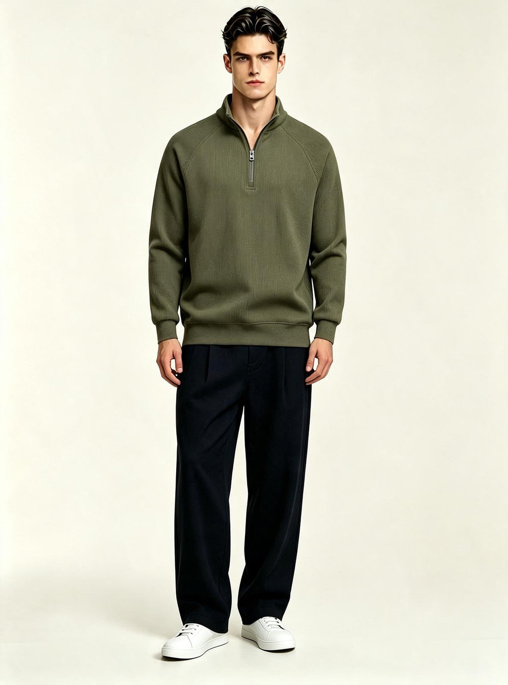 Haideyu men olive green ribbed quarter zip pullover sweatshirt, casual stand‑collar long sleeve top, handsome male‑model studio shot on pure white background