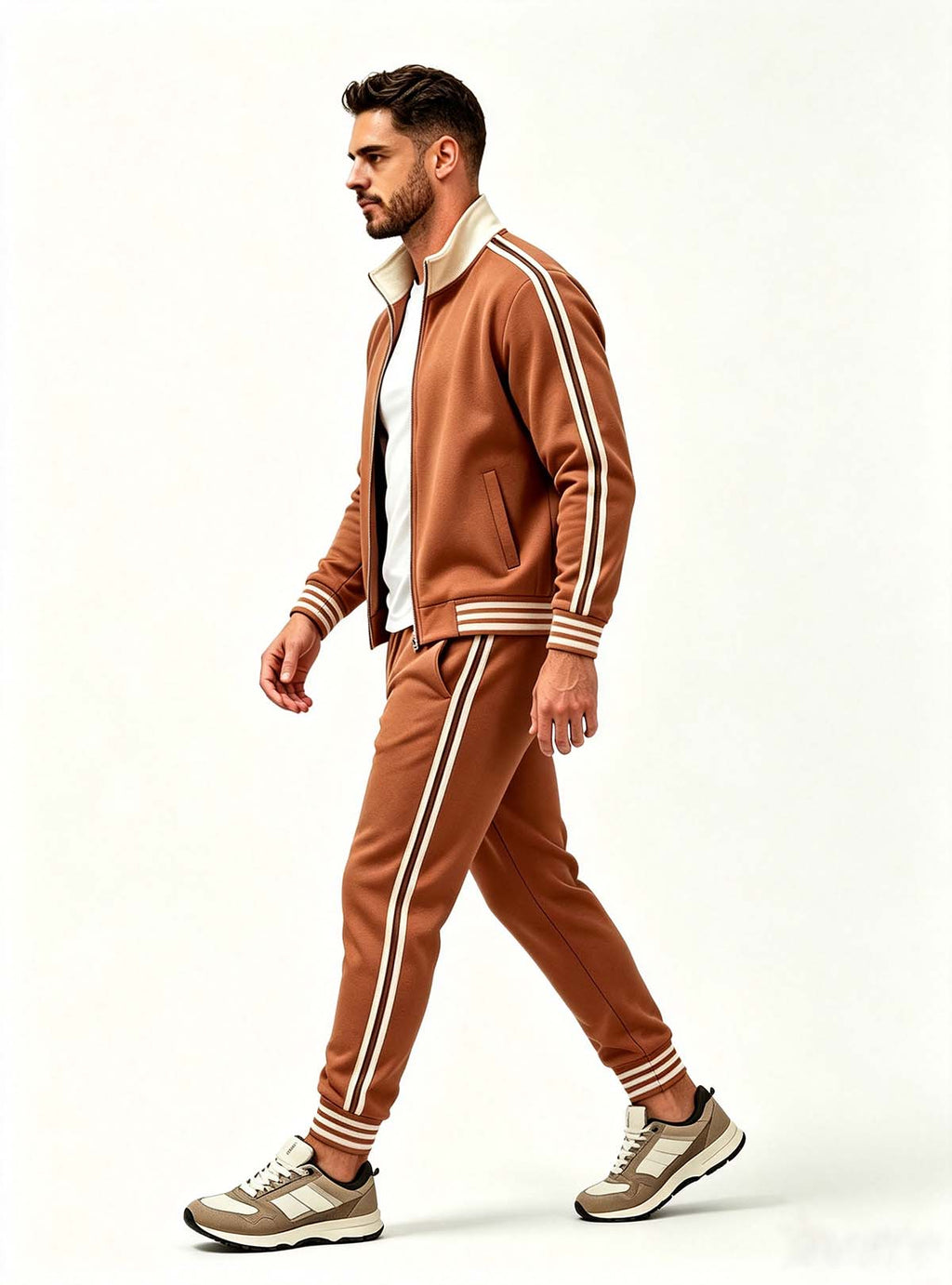 Haideyu OEM custom men brown tracksuit side view, striped sleeve and trouser detail, men casual sportswear