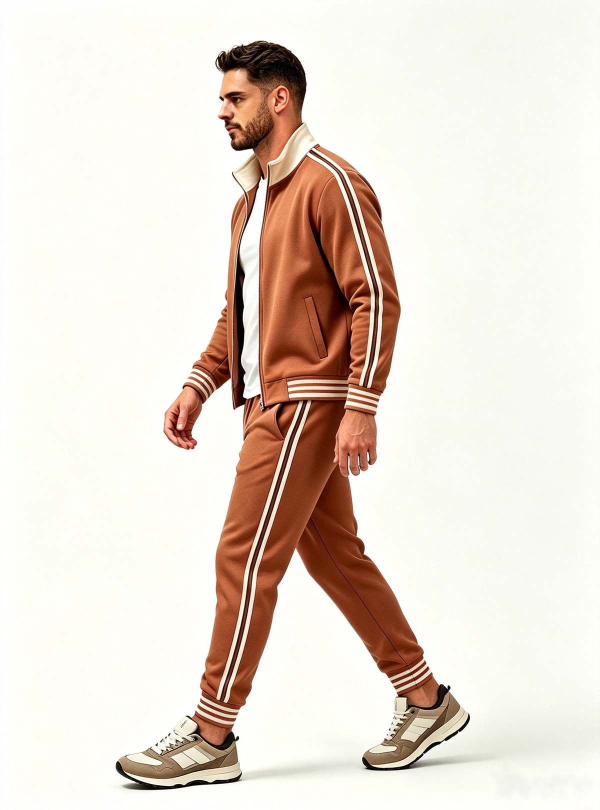 Haideyu OEM custom men brown tracksuit side view, striped sleeve and trouser detail, men casual sportswear