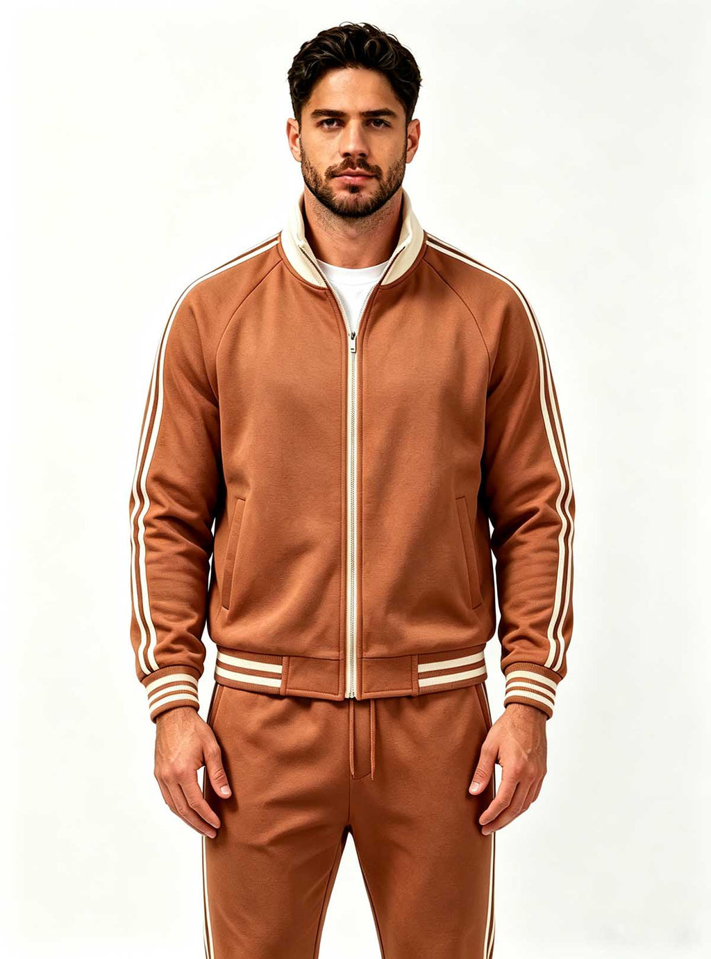 Haideyu custom men tan brown tracksuit full zip jacket and jogger pants two‑piece set, OEM men casual sport outfit