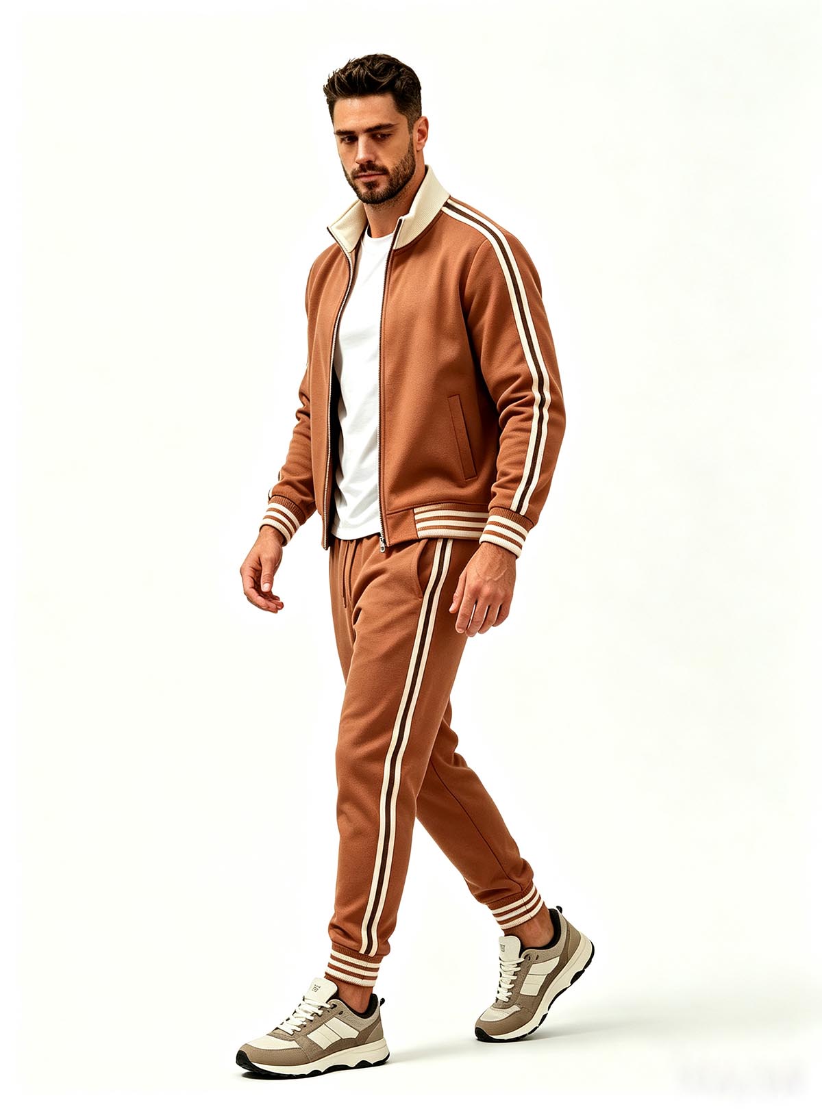 Haideyu ODM custom men brown two‑piece tracksuit, casual men sportswear custom manufacturing