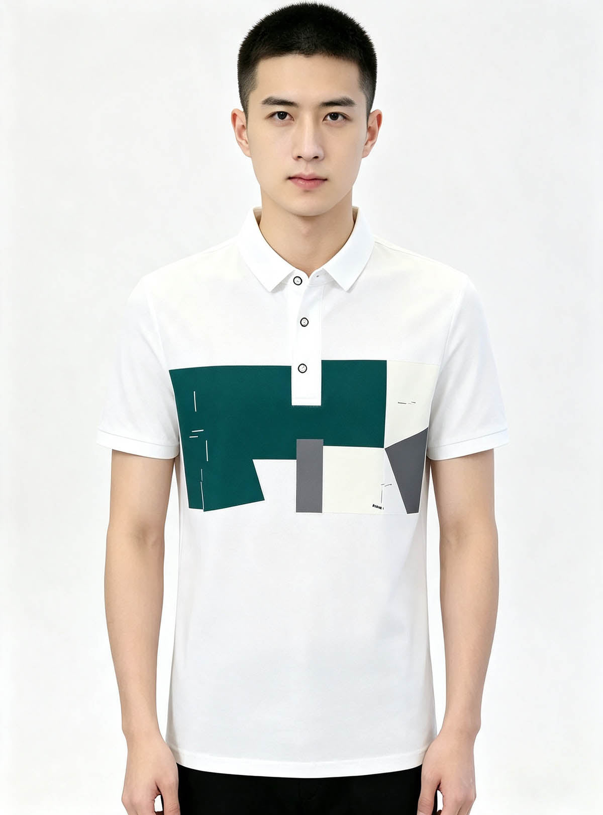 Haideyu custom men short‑sleeve white polo shirt with exclusive abstract geometric print, studio white background formal front‑view apparel photo, OEM customizable men top