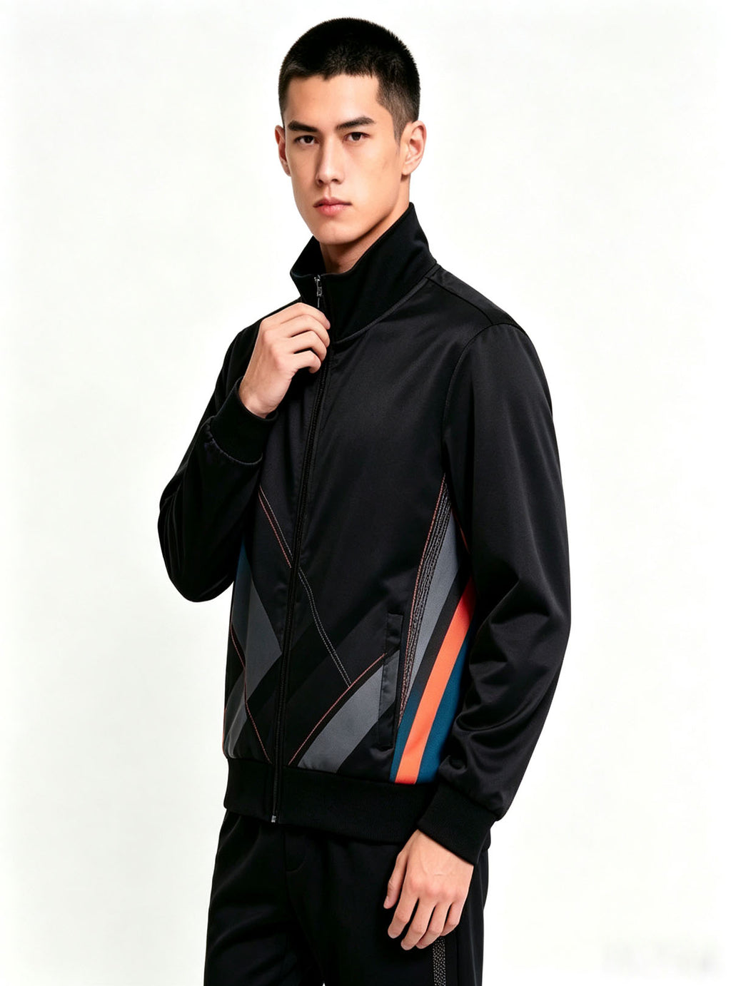 Side‑angle studio photograph of Haideyu men casual black zipper track jacket, handmade‑style side geometric ornament, customizable ODM men outer garment