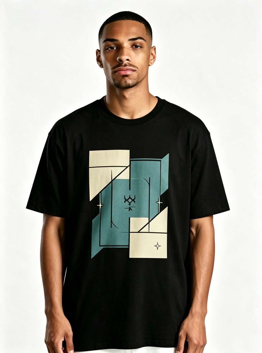 Haideyu men premium cotton black loose‑fit t‑shirt original minimalist geometric artwork front photograph, customizable OEM apparel