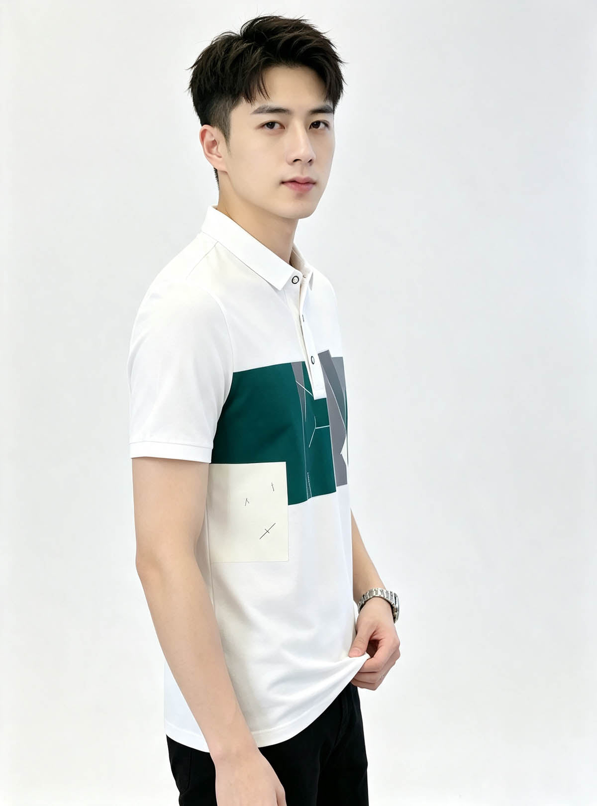 Side view of Haideyu casual white collared polo shirt for male, original non‑copyright‑risk front artwork, studio product photograph for OEM clothing service