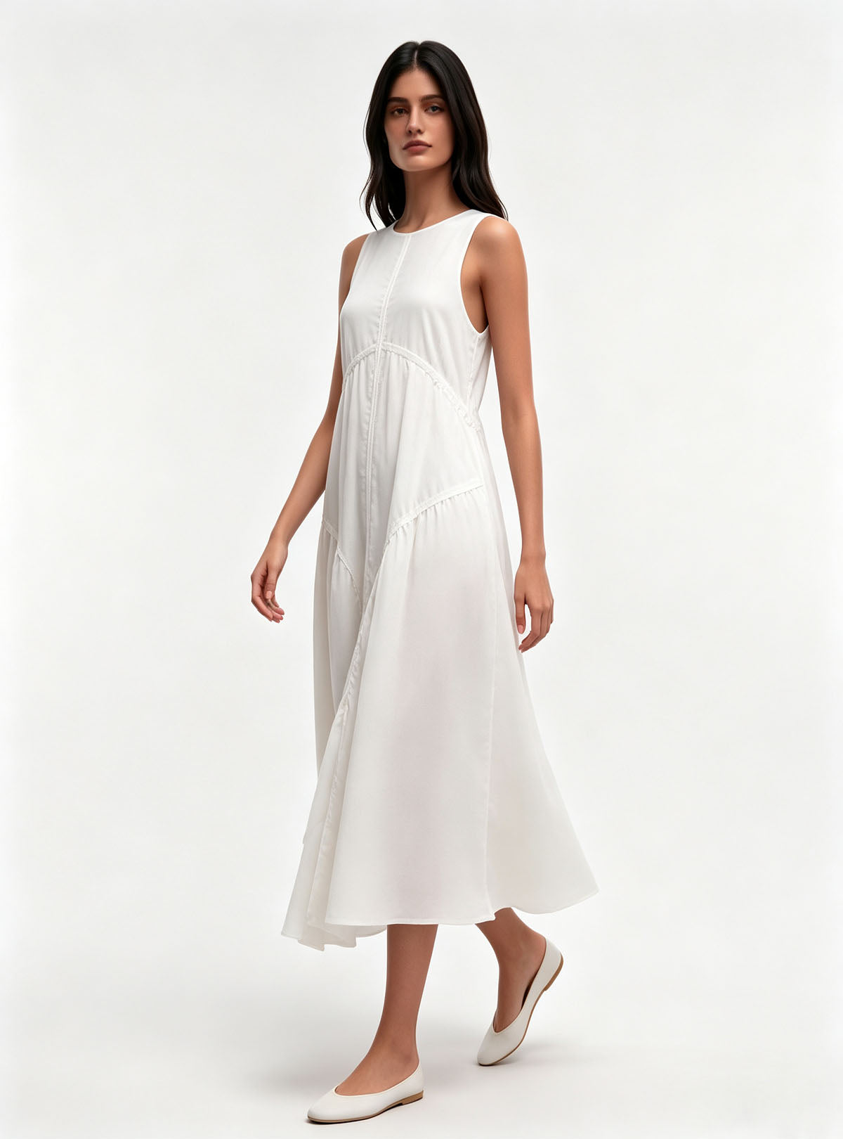 Haideyu OEM Custom White Sleeveless Tiered Flowy Midi Dress, Light‑Weight Casual Summer Dress For Women