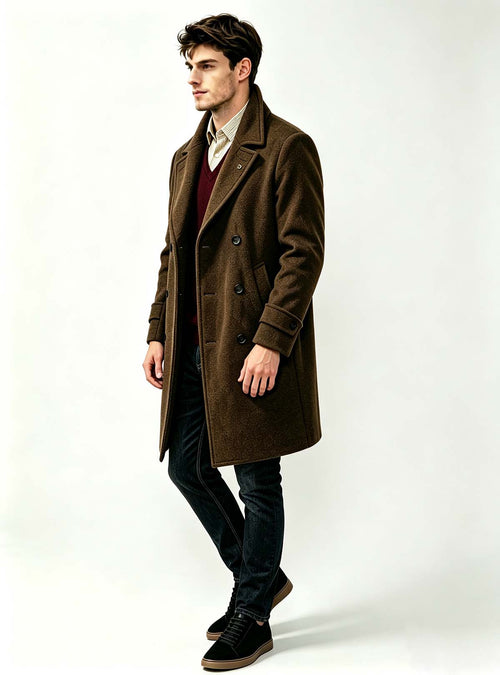 Haideyu oem men brown wool long coat side view, tailored winter overcoat for custom clothing production, clean white background studio photograph