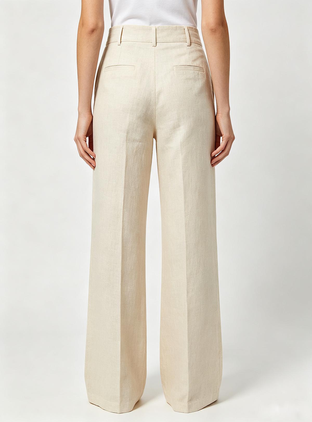 Haideyu OEM bespoke women linen wide‑leg pants, full‑body back view on white background