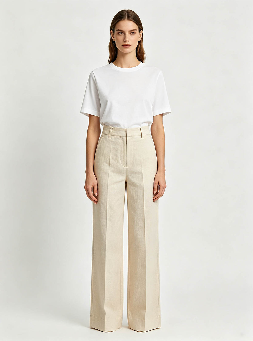 Haideyu OEM custom women linen wide‑leg trousers, full‑body front pose, plain white studio background