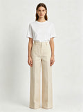 Haideyu OEM custom women linen wide‑leg trousers, full‑body front pose, plain white studio background