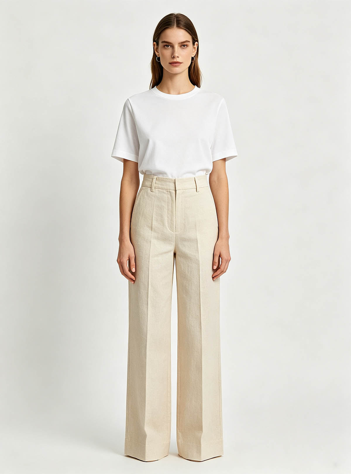 Haideyu OEM custom women linen wide‑leg trousers, full‑body front pose, plain white studio background