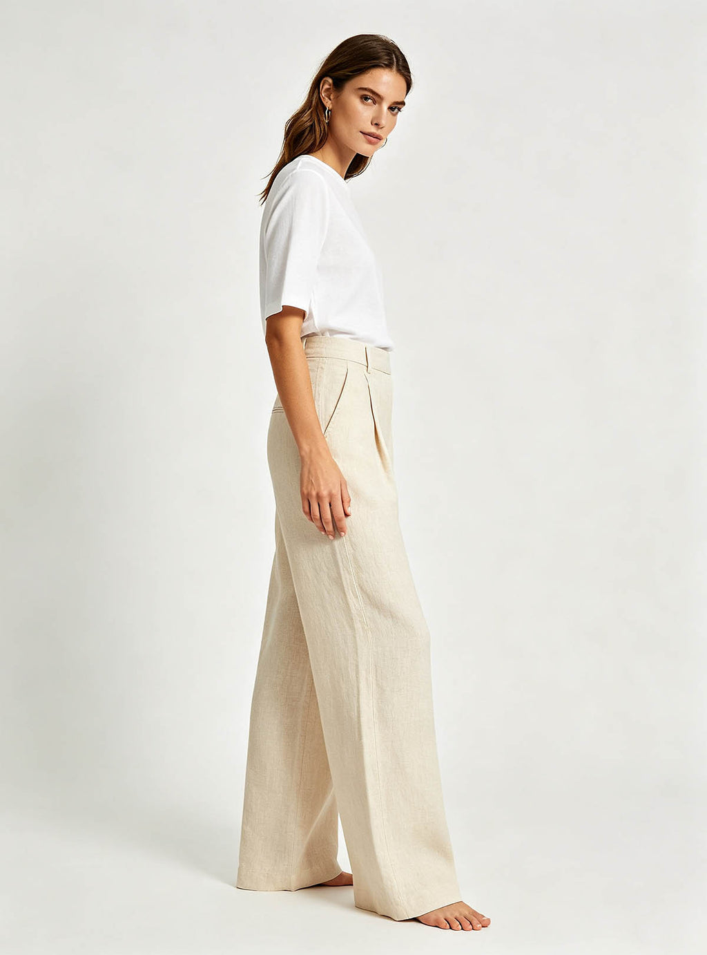  Haideyu OEM custom women linen‑cotton blend wide‑leg trousers, 45‑degree side pose, studio shot